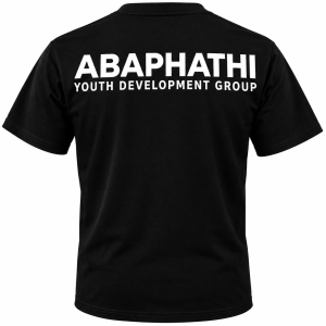 Black ABAPHATHI T-shirt back view with ABAPHATHI Youth Development Group text